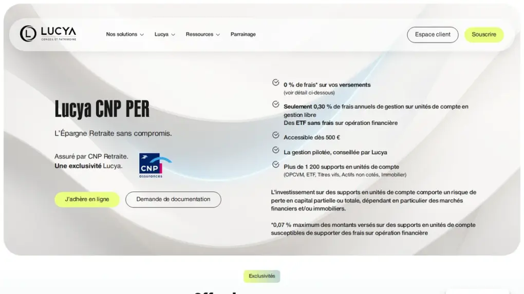 Page du Lucya CNP PER sur lucya.com