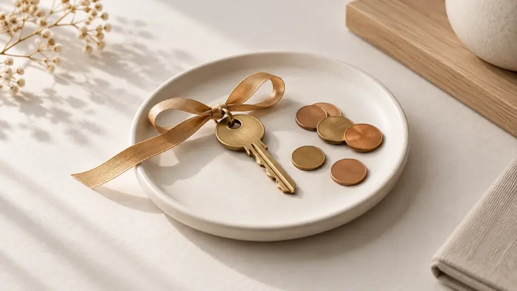 Petite clé nouée d'un ruban dans une coupelle avec quelques pièces, symbole d'un bonus de bienvenue