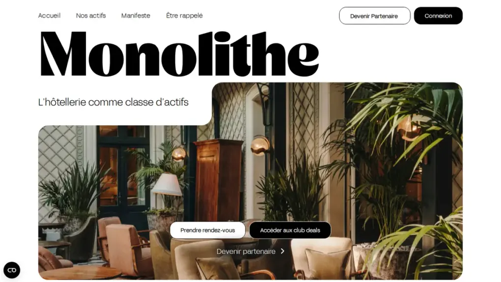 Page d'accueil de Monolithe, plateforme de club deals hôteliers